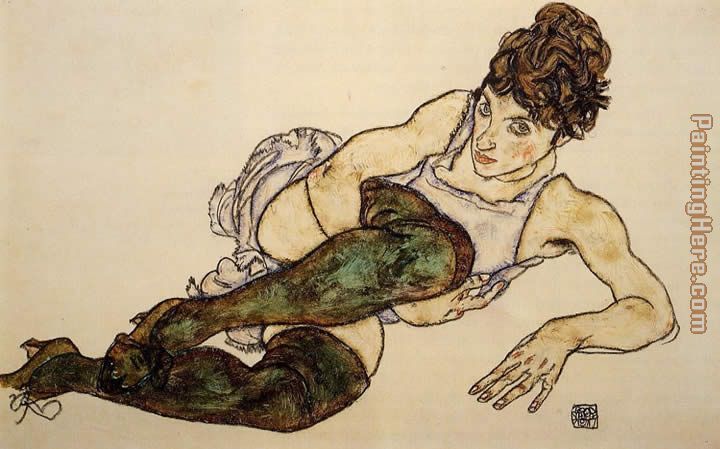 Reclining Woman with Green Stockings Adele Harms painting - Egon Schiele Reclining Woman with Green Stockings Adele Harms art painting